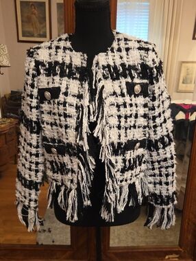 Adrienne Landau Black and White Fringe Tweed Jacket